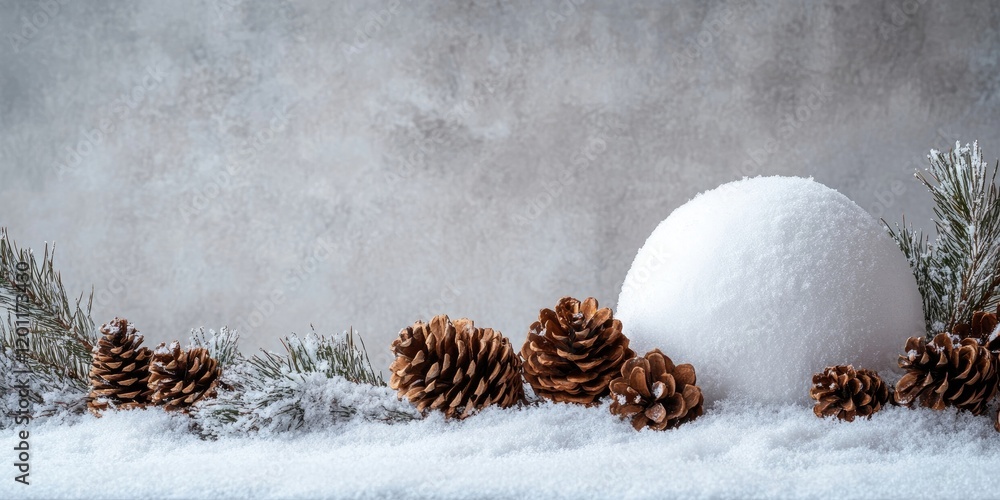 Poster Snow-covered ball and pine cones arranged on a textured grey background with white snow highlighting the scene and white space for text on the right.