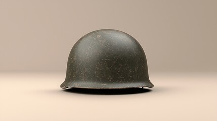 Fototapeta premium Weathered helmet, studio shot, beige backdrop, military history illustration