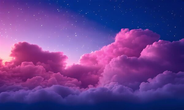 Pink cloudscape, starry night, aerial view, fantasy