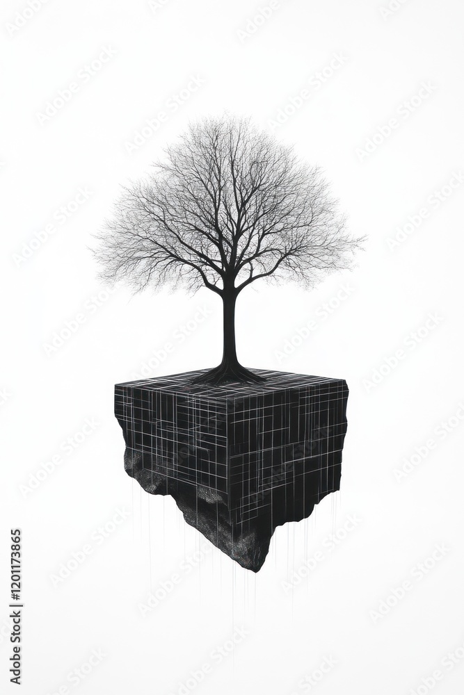 Poster surreal tree growing from geometric base abstract art display minimalist environment aesthetic viewp