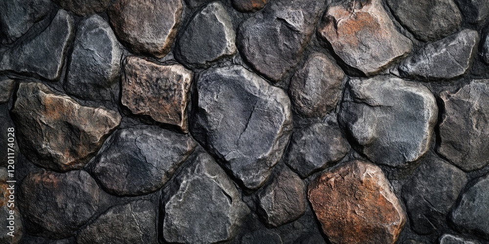 Poster textured stone wall with dark grey and brown stones arranged in a rugged pattern creating a natural 