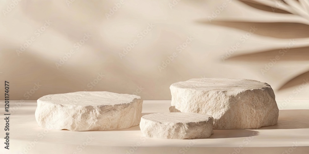 Poster minimalist three white stone shapes on a soft beige background with subtle shadows, evoking tranquil