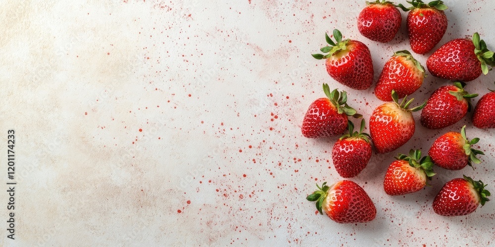 Aufkleber fresh ripe strawberries scattered on a light textured background with splashes, arranged on the left