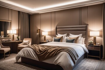 Hotel room with bed, furniture, and decor, featuring a window,  and lamp in a contemporary, luxurious interior