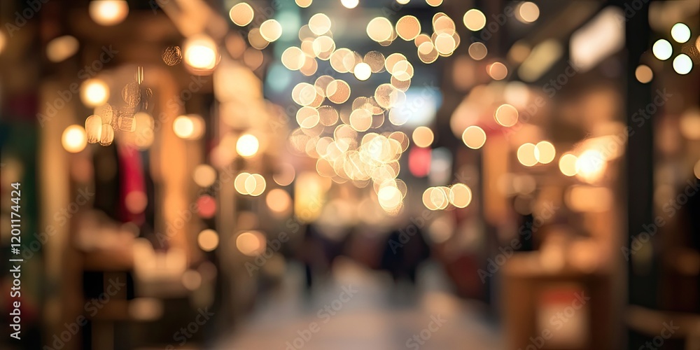 Poster bokeh lights in warm tones create a soft blurred background with ample copy space; central focus on 