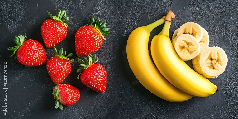 Poster fresh strawberries and bananas arranged side by side on a dark textured background showcasing vibran
