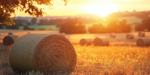 Golden straw bales in a serene rural landscape at sunset Vivid colors warm light casting long shadows in a peaceful agricultural setting