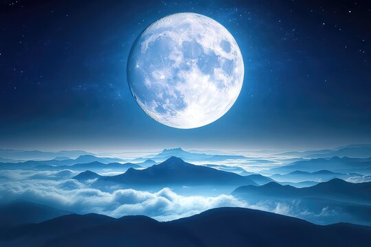 A large full moon low on the horizon, with faint outlines of mountains below.