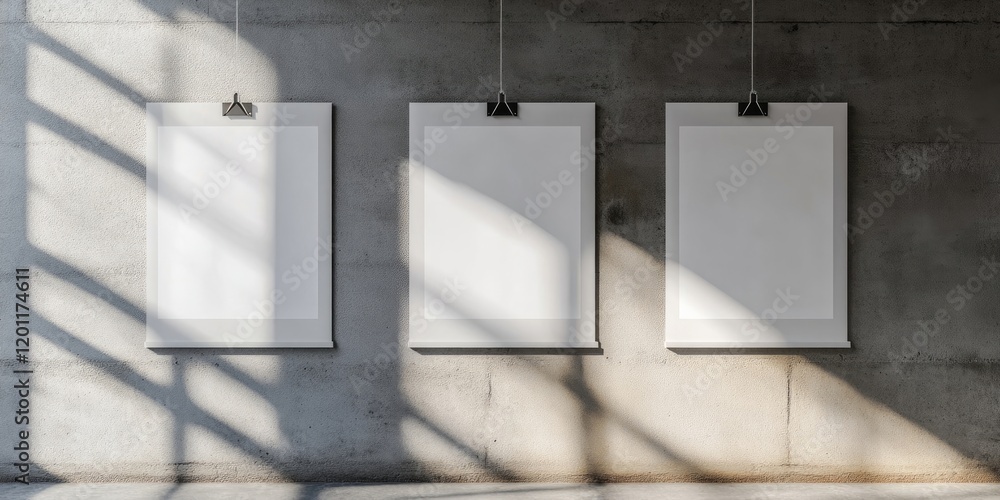 Poster minimalistic presentation of three blank frames hung with clips on a gray concrete wall with soft sh