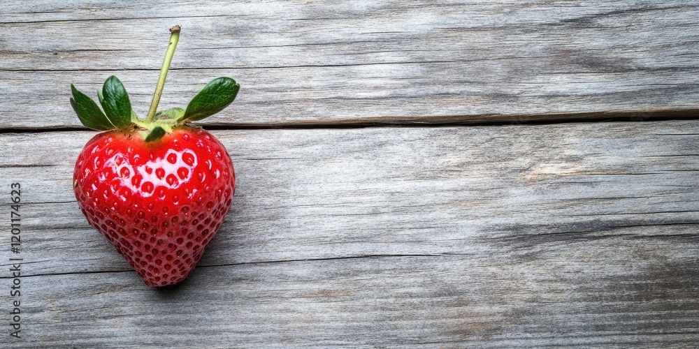 Aufkleber fresh red strawberry with green leaves positioned on wooden table top against rustic background with