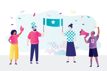 Sport fans, celebrating victory, goal, winning score. Excited friends cheering for favorite team. Male and female characters, supporters in fan zone. Happy people after match.