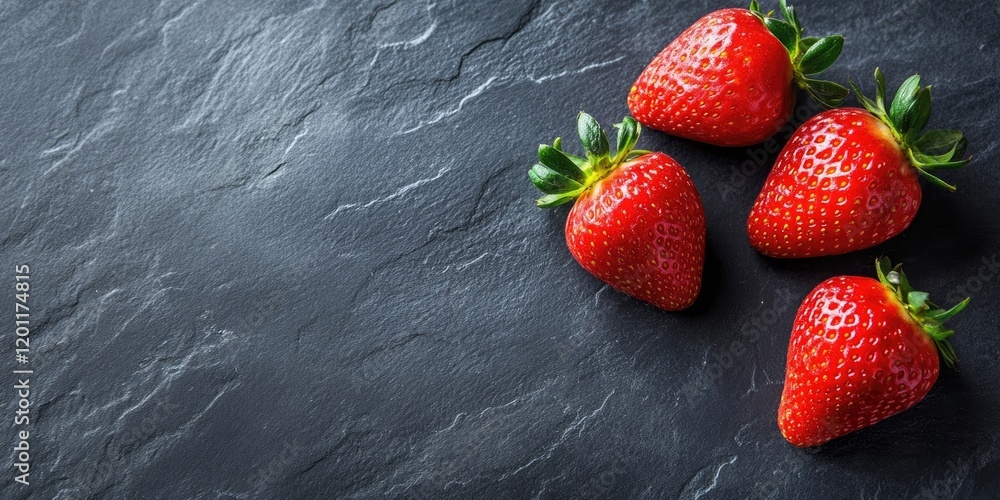 Poster fresh ripe strawberries arranged on a dark textured stone surface with ample negative space for text