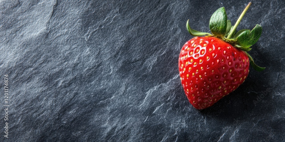 Poster red strawberry positioned on the lower left of a textured dark stone backdrop with ample negative sp