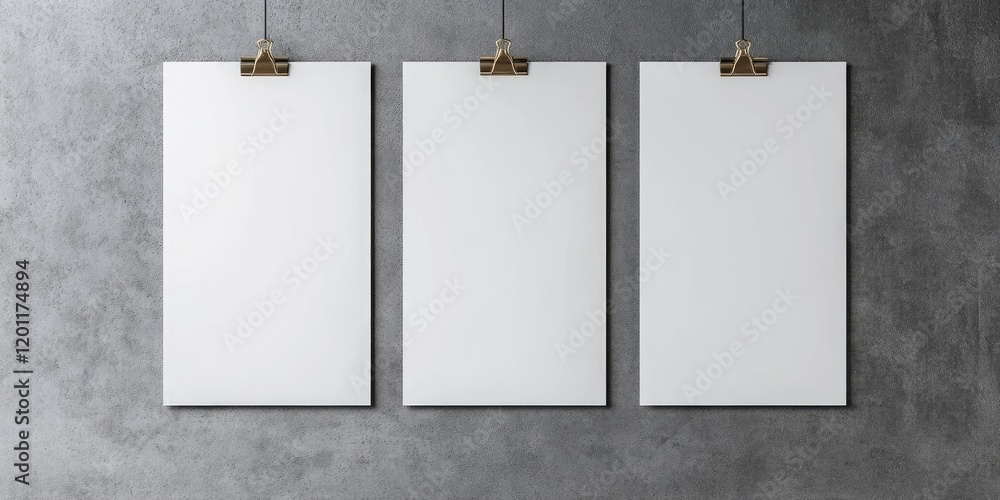 Poster minimalist display of three blank paper sheets suspended by clips on a textured gray concrete wall, 