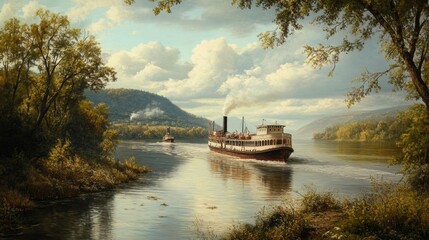 Obraz premium Two steamboats on river, hills and trees.
