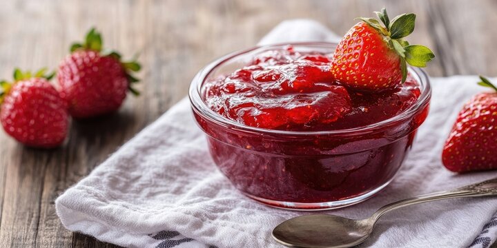 Bright red strawberry jam in a clear glass bowl with a silver spoon and fresh berries on a cotton kitchen towel against a wooden backdrop