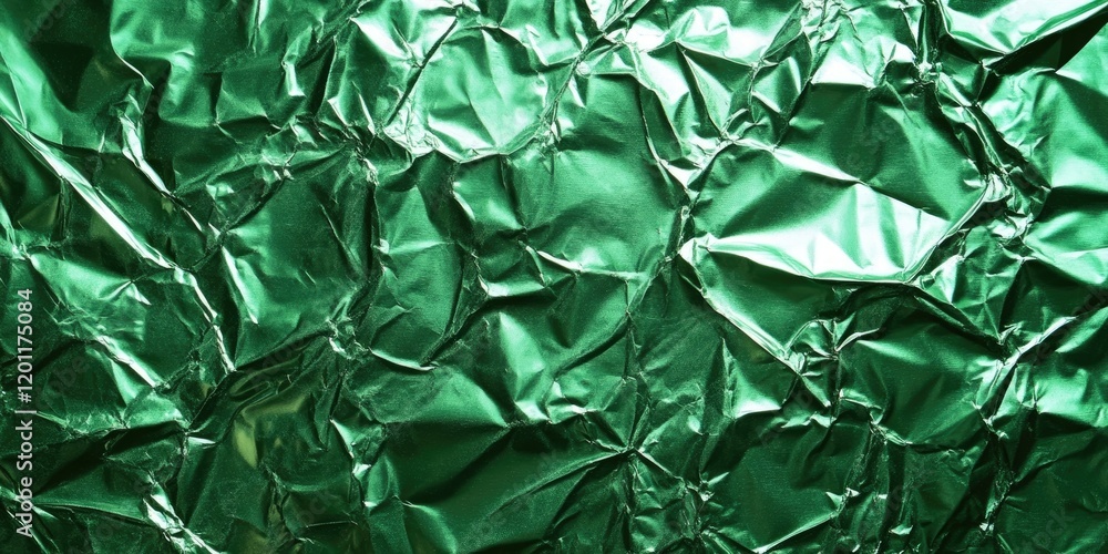 Poster vibrant green crumpled aluminum foil texture with deep shadows and highlights creating an abstract b