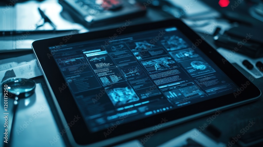 Aufkleber Digital Tablet Displaying Complex Data Analytics Charts and Graphs on a Desk
