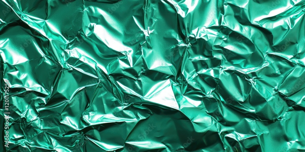 Poster vibrant green crumpled aluminum foil texture creating an abstract backdrop with varied reflections a