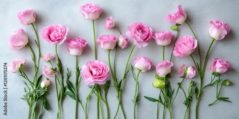 Poster elegant top view of clustered pink eustoma flowers and buds on a soft grey background with ample neg