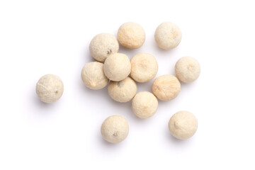 White pepper isolated on white background. Top view. Flat lay'