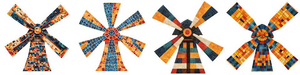 Striking and Vibrant Mosaic Windmill Art Composition with Geometric Patterns Colorful Shapes and Designs  This Represents the Concept of Renewable Energy Clean Power Modernist Architectural Elements