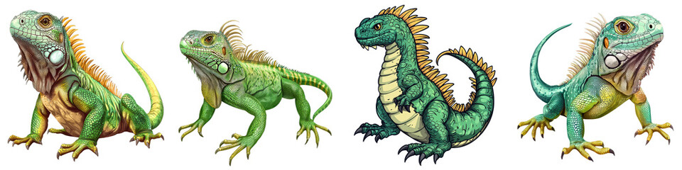 Obraz premium Colorful and Detailed Showcasing a Diverse Assortment of Prehistoric Inspired Iguana Reptiles in a Lush Vibrant Tropical Environment