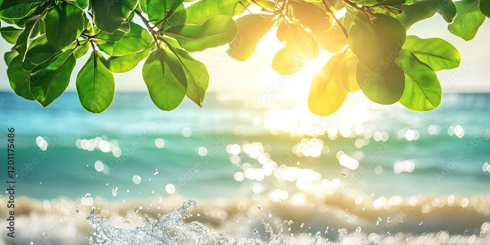 Poster vibrant green tropical leaves hang above a sunlit beach with soft waves and bokeh sparkling in the b