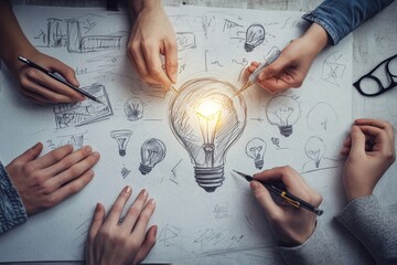 Graphic designer development process drawing sketch design creative Ideas draft Logo product trademark label brand artwork. Graphic designer studio Concept., Generative AI