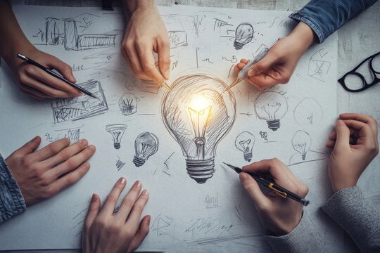 Graphic designer development process drawing sketch design creative Ideas draft Logo product trademark label brand artwork. Graphic designer studio Concept., Generative AI