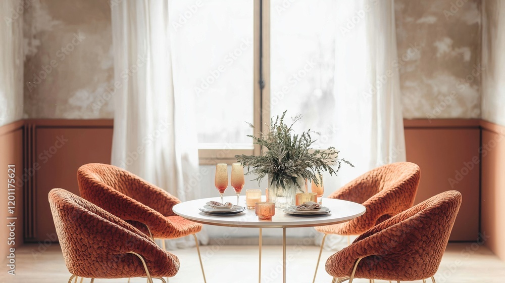 Poster rust and muted orange accent pieces create a warm atmosphere around a beautifully set table in a sty