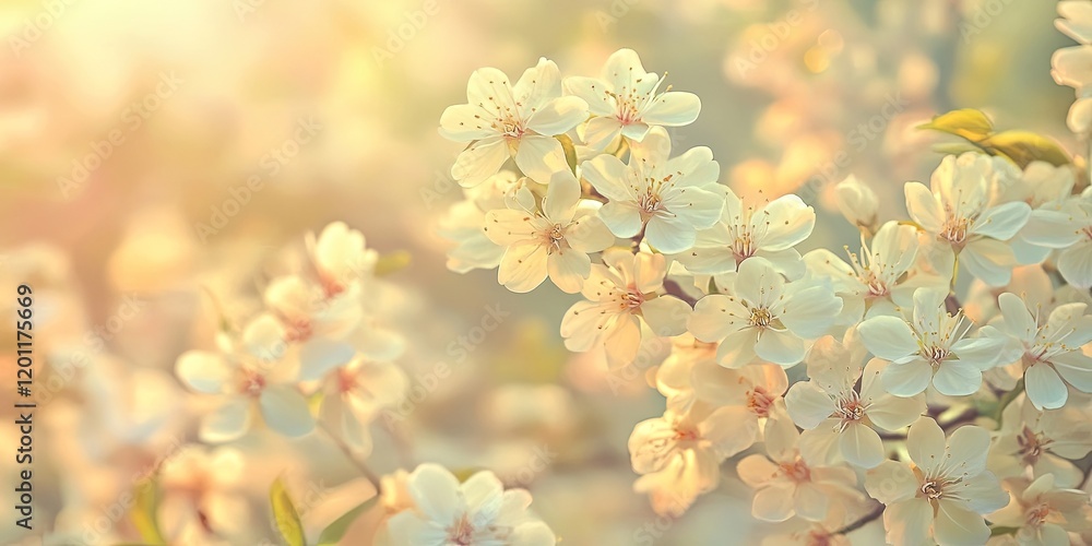 Aufkleber delicate white blossoms of bird cherry tree in soft sunlight with blurred background creating a sere