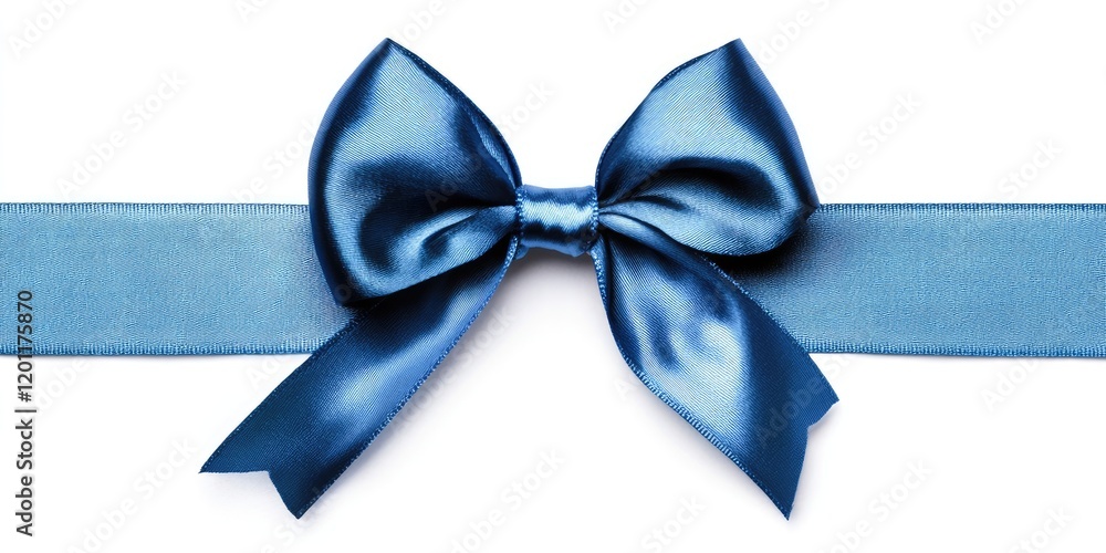 Poster elegant satin blue ribbon bow centered on a white background with flowing tails showcasing a smooth 