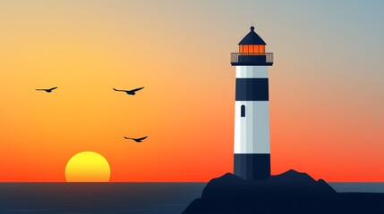 Coastal Lighthouse Silhouette at Sunset with Birds in Flight