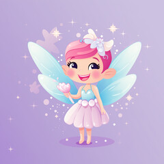 Fototapeta premium Cheerful fairy with pink hair and blue wings standing in a magical garden during daytime