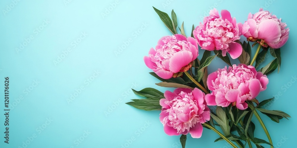 Poster vibrant pink peonies arranged on the right side against a soft pastel blue background with ample spa