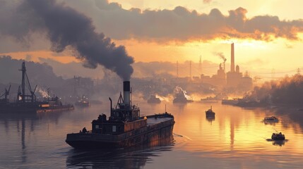 Industrial river scene with boats and orange sky.