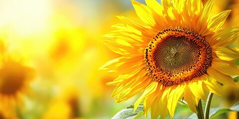 Obraz premium Vibrant closeup of a sunflower in focus with bright yellow petals and textured brown center against a blurred field background ideal for text placement
