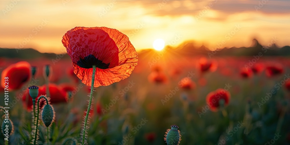 Poster vibrant red poppy flower in focus against a golden sunset backdrop with soft blurred poppy field cre