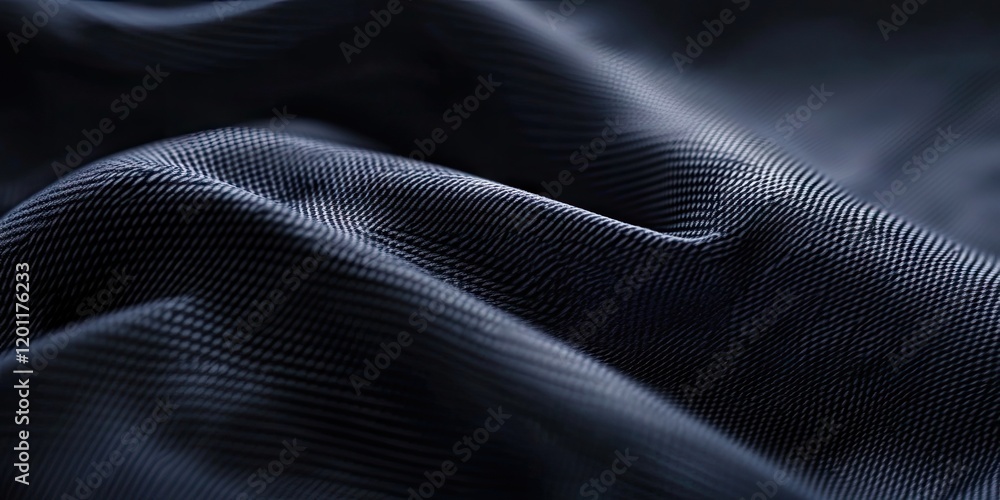 Poster dark textured fabric background with subtle ribbed pattern, smooth folds flowing from top left to bo