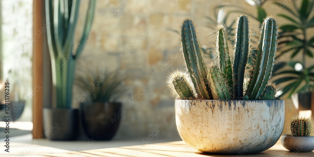 Poster cactus arrangement in rustic pot on wooden table with soft natural light in indoor setting highlight