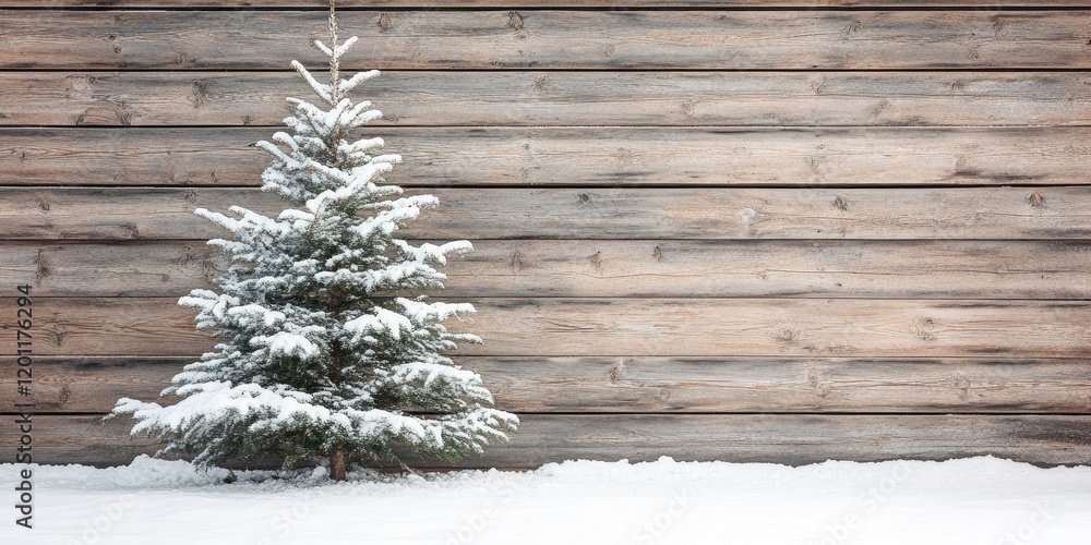 Poster snow-covered christmas fir tree on the left side in front of rustic wooden wall with ample empty spa