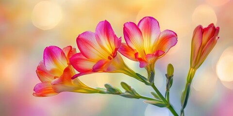 Fototapeta premium Vibrant close-up of pink and yellow freesia flowers on a green stem positioned on the left against a softly blurred pastel background.