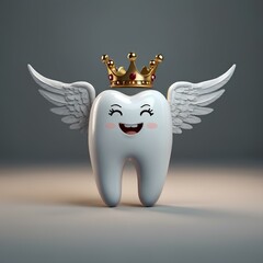 Tooth Fairy Vector Cartoon Illustration. Cute Tooth Wearing Crown and wings
