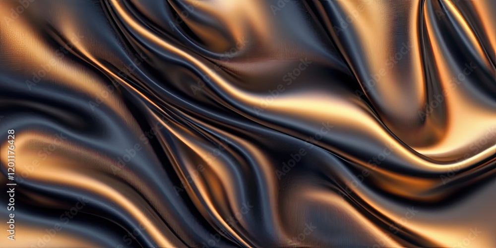 Poster satin fabric texture in rich gold and black tones with soft waves and ripples creating a luxurious, 