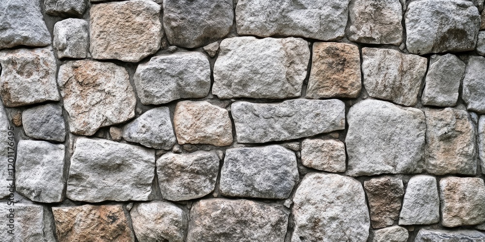 Poster rough textured stone wall with varying shades of gray and beige stones arranged in a uniform pattern