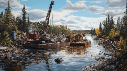 Crane and debris barge on a river shore.