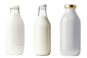Set of Milk bottles with caps aligned in a row, isolated on white background. Concept of dairy products and freshness.