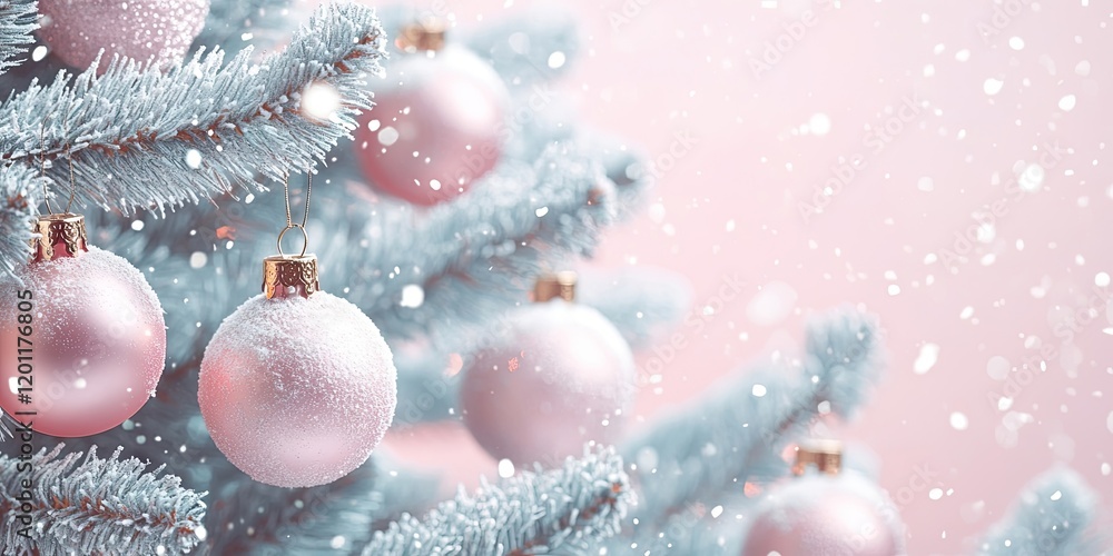 Poster Pink Christmas tree with snow-dusted pink ornaments in front of a soft pink background creating a festive atmosphere and space for text.