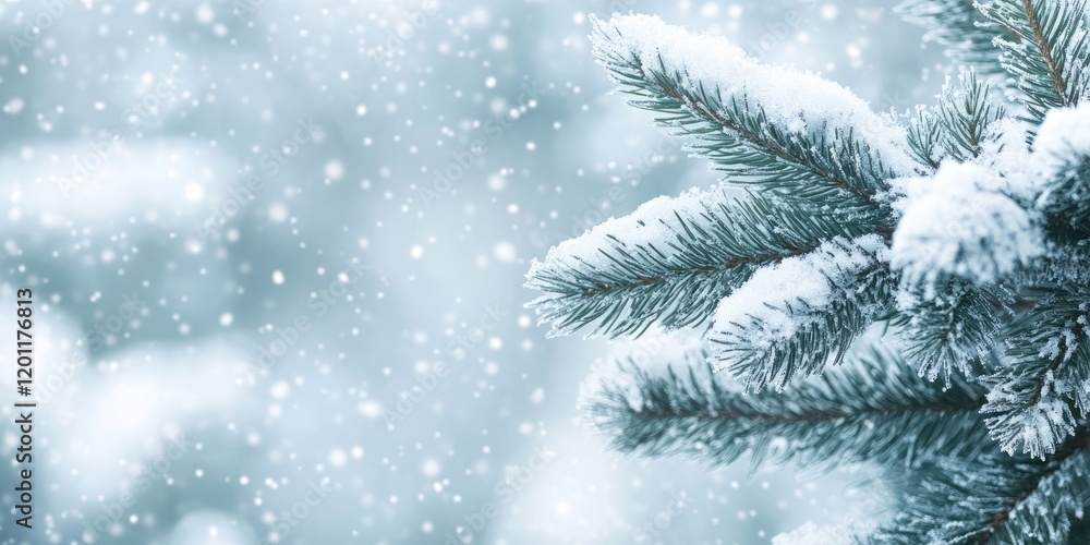 Poster snowy fir branches on the right side against a soft blurred winter forest background with gentle sno